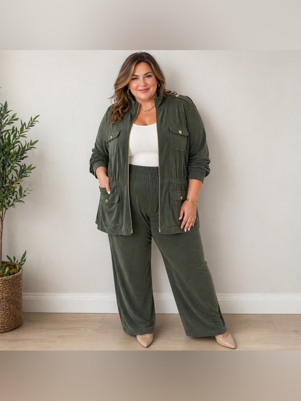 NWT Chico’s Travelers Full Outfit Jacket Pants Olive Green Gold Tone Accents